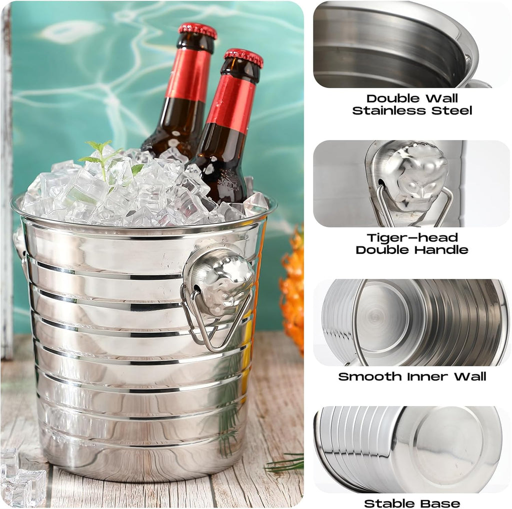 Stainless Steel Champagne Bucket 3 Qt Metal Ice Bucket Double Wall Wine Buckets with Handles Party Beverage - Set of 6