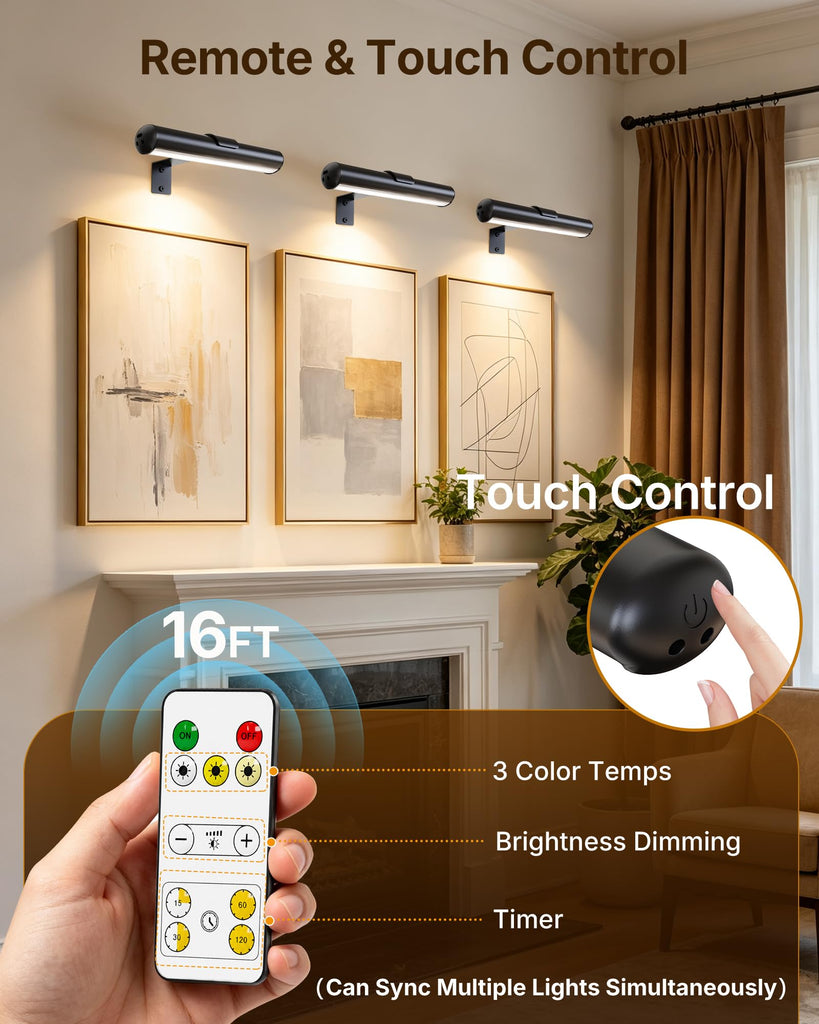Picture Light for Wall, Rechargeable 2500mAh Battery Lights Cordless with Remote&Timer, 3 Color & Dimmable Magnetic