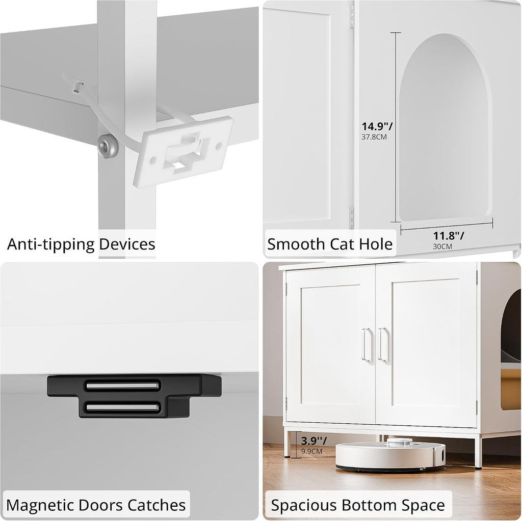 Cat Litter Box Enclosure with Storage, 57'' Hidden Cat House Furniture, Wooden Cat Cabinet with Shelves & 4 S-Hooks