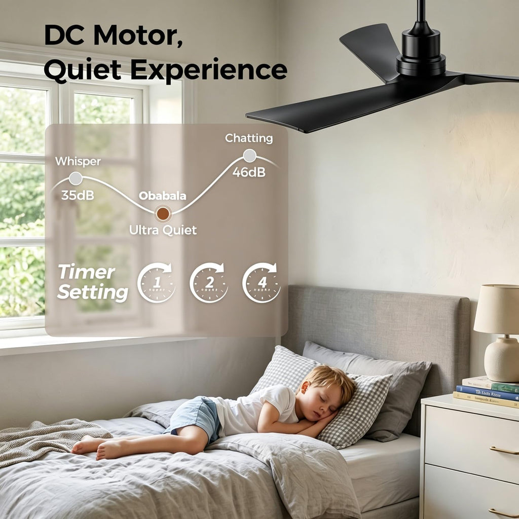 Inspired Adler Style 52" Solid Wood Ceiling Fan Without Light, 3 Sculpted Blades, Quiet DC Motor, 6-Speed Remote - Black