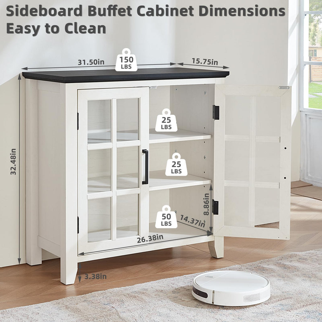 Large Sideboard Buffet Cabinet with Storage, 32" Farmhouse White Kitchen Coffee Wine Bar Cabinet with 4 Glass Doors