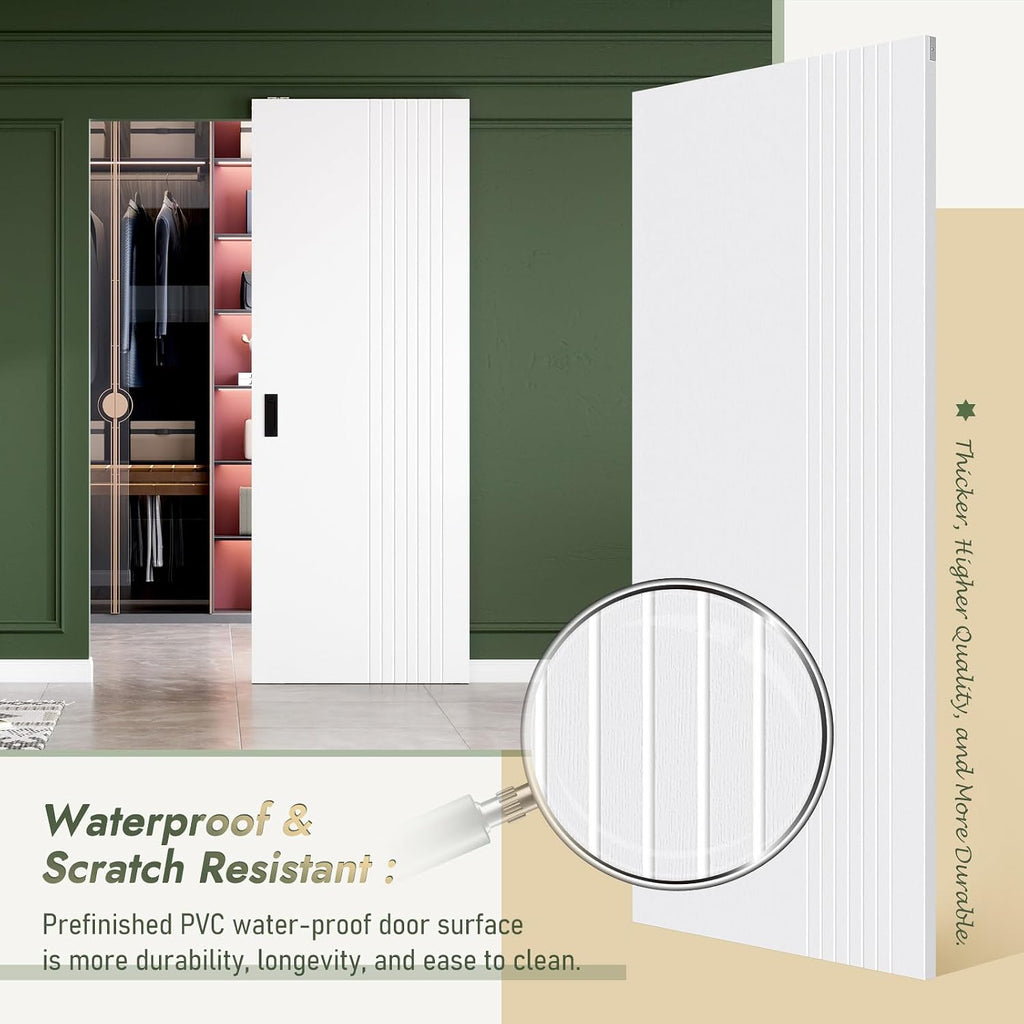 32"x86" Concealed Sliding Barn Door with Soft Close Hardware Kit, White Hidden Door for Opening 24"-28"x84"