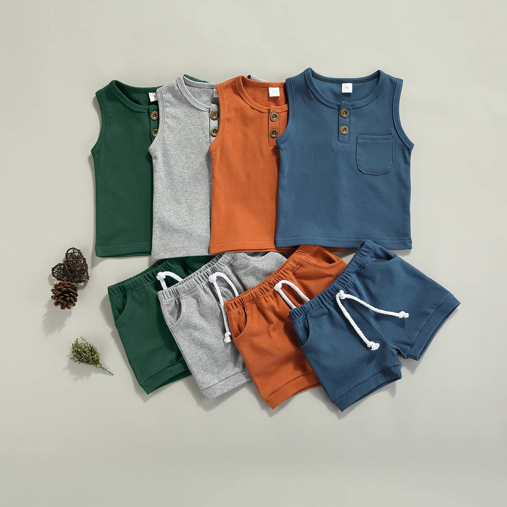 Toddler Boy Clothes Summer Shorts Set Solid Sleeveless Pocket Tops Cotton Outfit 2PCS