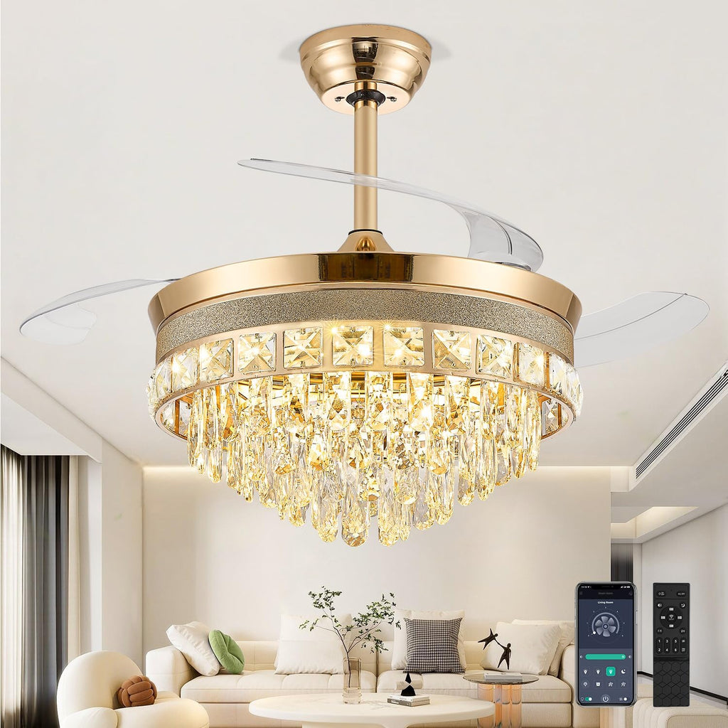 48 Inch Chandelier Ceiling Fans with Lights, Retractable Ceiling Fan with Lights, Crystal Fandelier Ceiling Fan