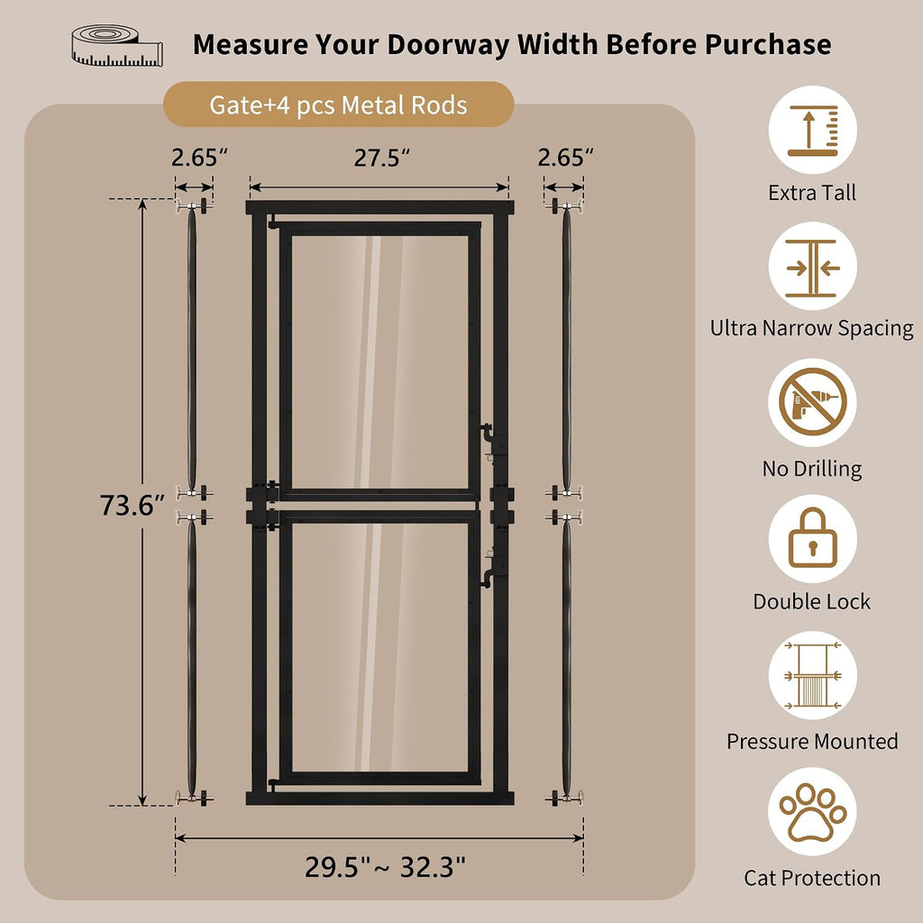 73.6" Extra Tall Cat Gate, Pet Gate 29.5-32.3" Adjustable Width, Black