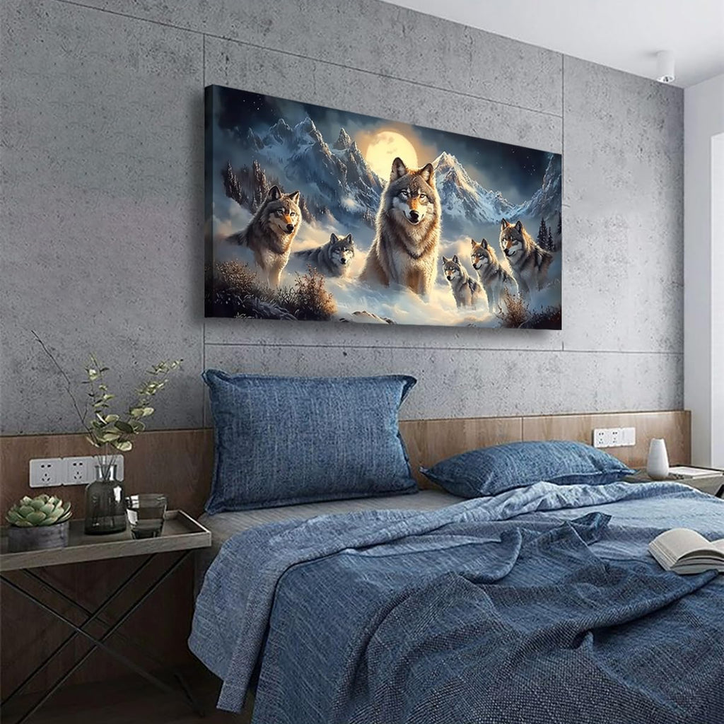 Framed Wolf Wall Art, 40x20 Inch Large Horizontal Mountain Moon Wolves Canvas Prints, Rustic Wildlife Nature Wall