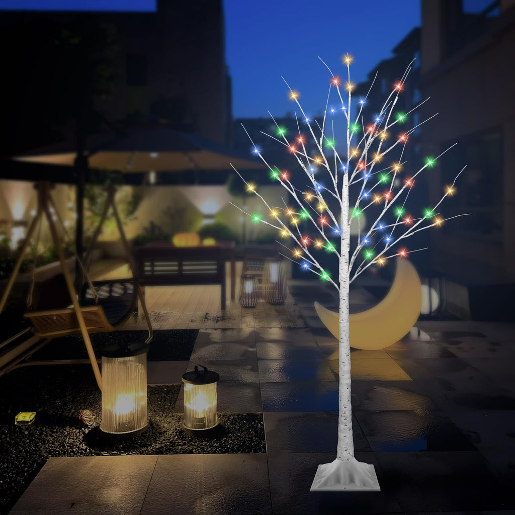 5FT Lighted Birch Tree with 90 LED Warm White and Multicolor Lights, 8 Modes, Timer Remote Faux Prelit Twig Christmas