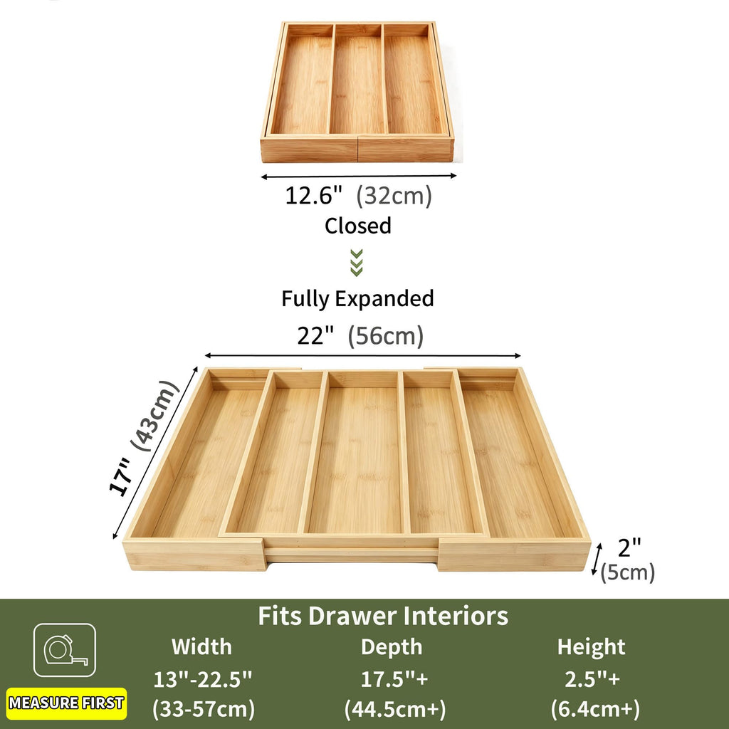 Bamboo Expandable Kitchen Drawer Organizer Silverware Utensil Tray