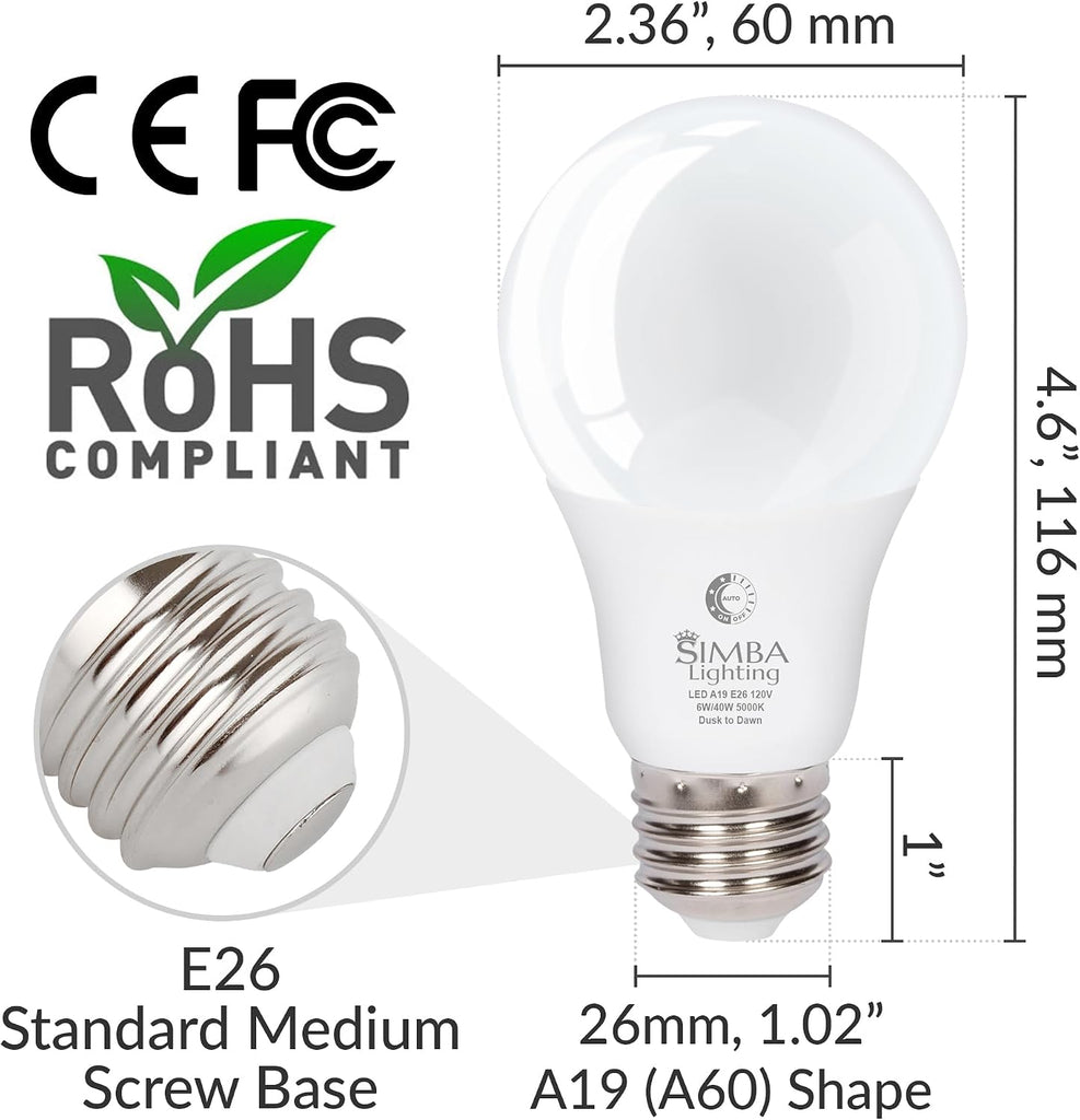 LED A19 Dusk to Dawn 6W 120V Outdoor Bulbs E26 5000K, 4 Pack