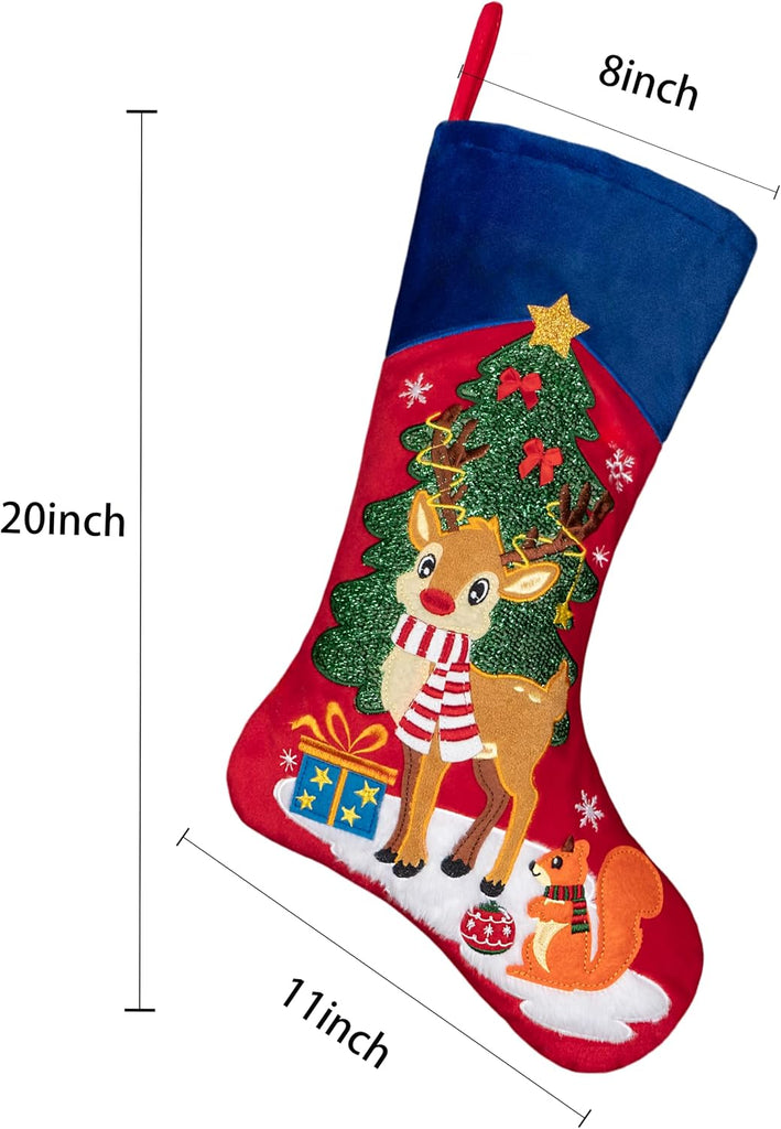 Set of 6 Christmas Stockings Embroidered 20" Velvet Large Family Xmas Tree Stocking 6 Pack Shining Cute Cartoon Soft