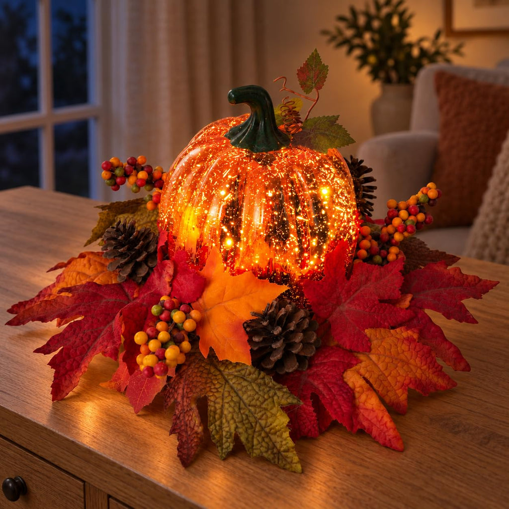 Lighted Pumpkin Fall Decor - LED Thanksgiving Decoration with Faux Maple Leaves, Berries, and Pinecones, Autumn
