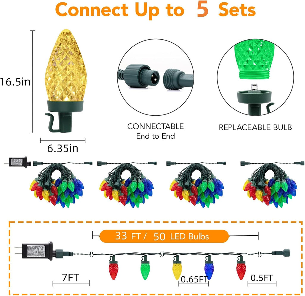 C9 LED Christmas Lights Outdoor,33 Feet 50 LED 8 Lighting Modes Waterproof Connectable Christmas String Lights for