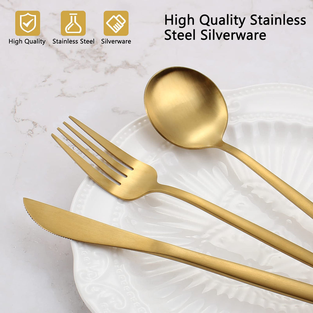 Matte Gold Silverware Set, 20-Piece Stainless Steel Flatware Set, Satin Finish tableware Cutlery Set, Service for 4