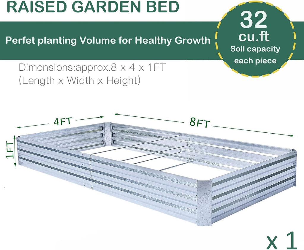 Galvanized Raised Garden Bed 8x4x1ft Single Unit | Above Ground Planter Overlap Panels No-Deform, Anti-Rust