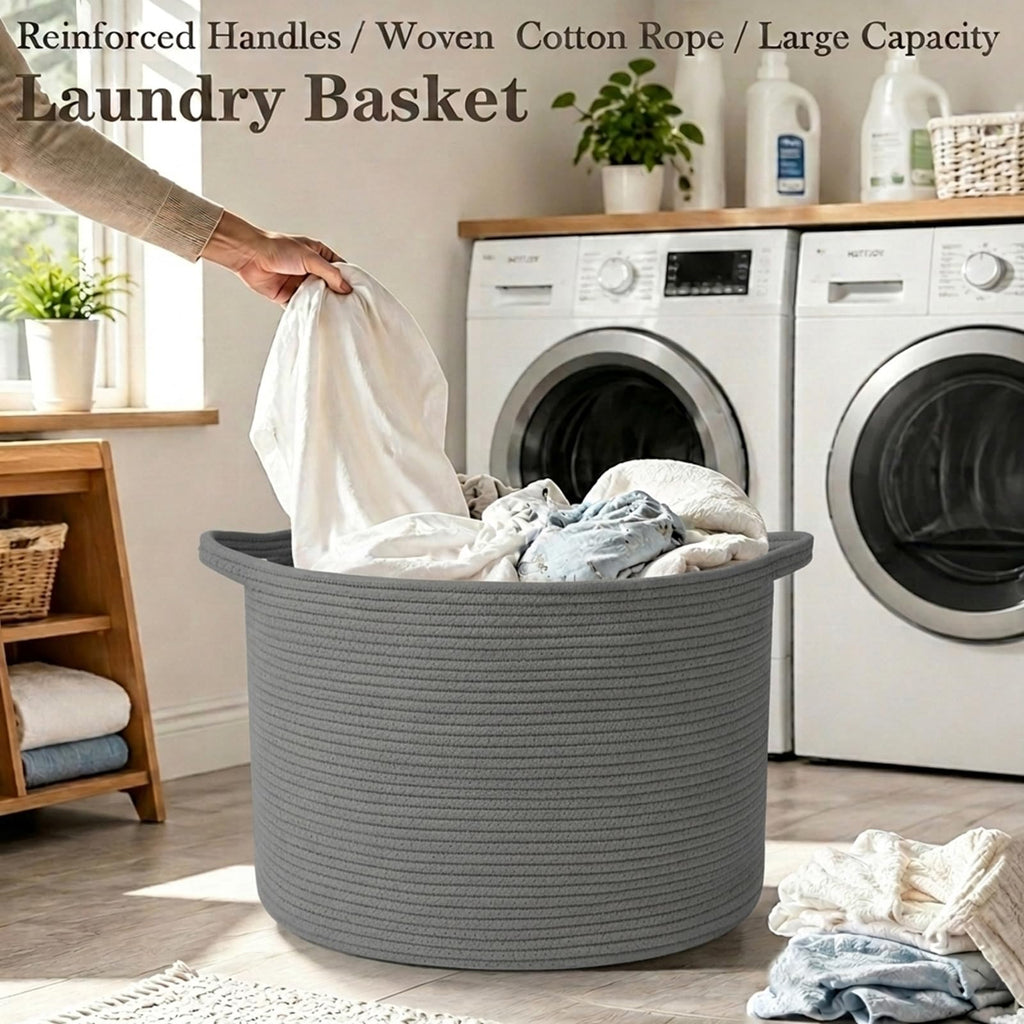 90L Extra Large Blanket Basket,Woven Rope Laundry Basket-Dark Grey