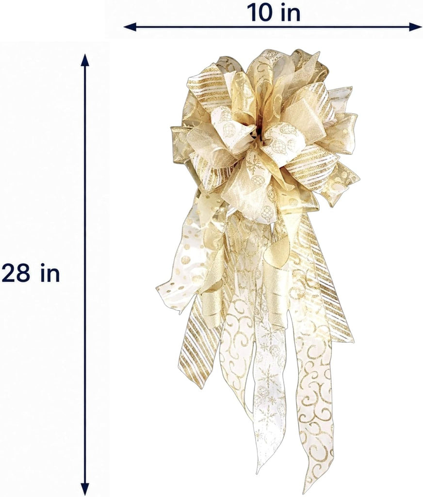 Premium Gold Christmas Tree Topper Bow with Wired Streamers - Luxury Champagne Snowflake Holiday Wreath Bow - Winter