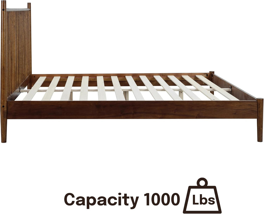 Inno Wooden Bed Frame with Headboard, Solid Oak and Rubber Wood Foundation with Silent Slats and Wood Central