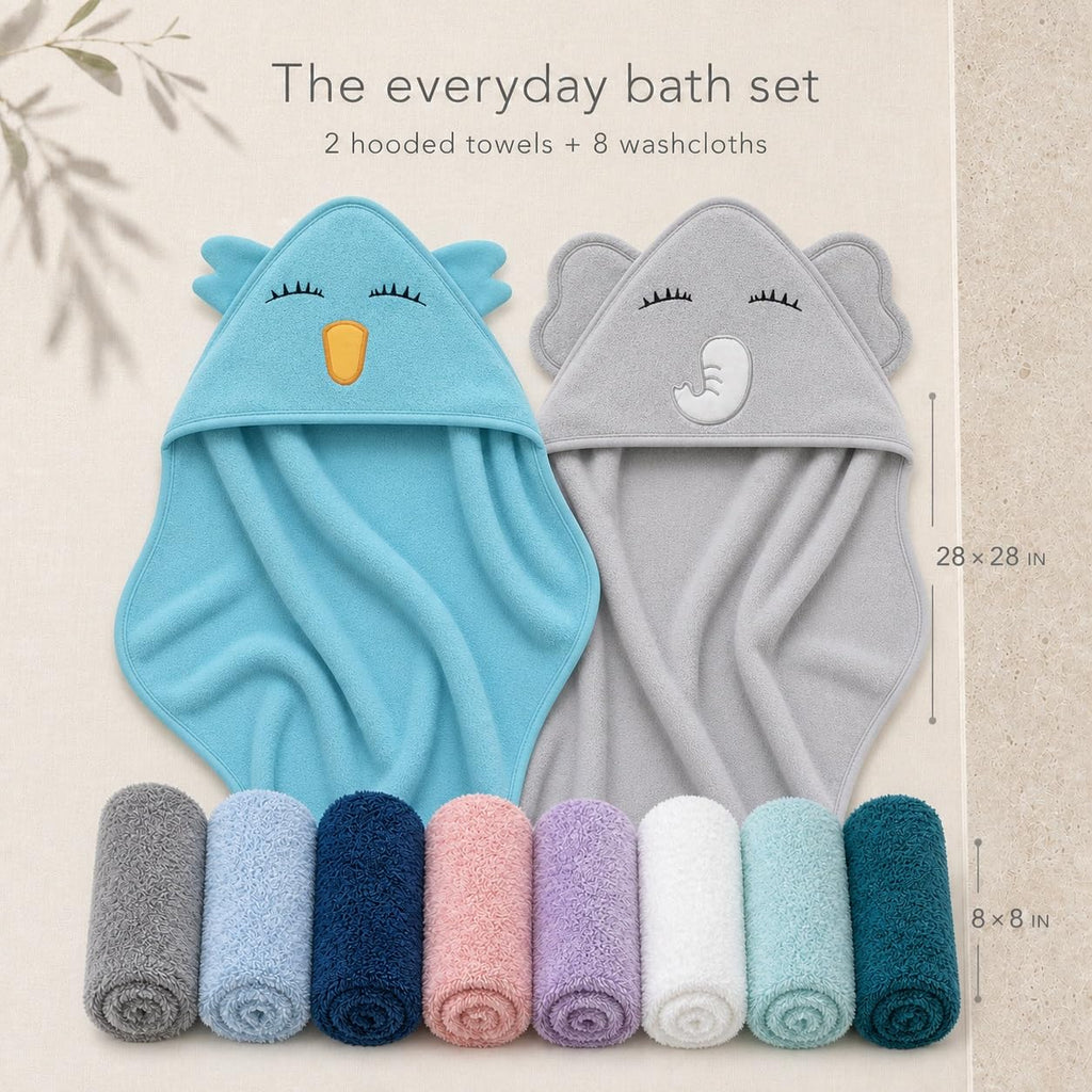 2 Pack Hooded Baby Towel Rayon Made from Bamboo and 8 Washcloths - Lovely Elephant, Happy Bird