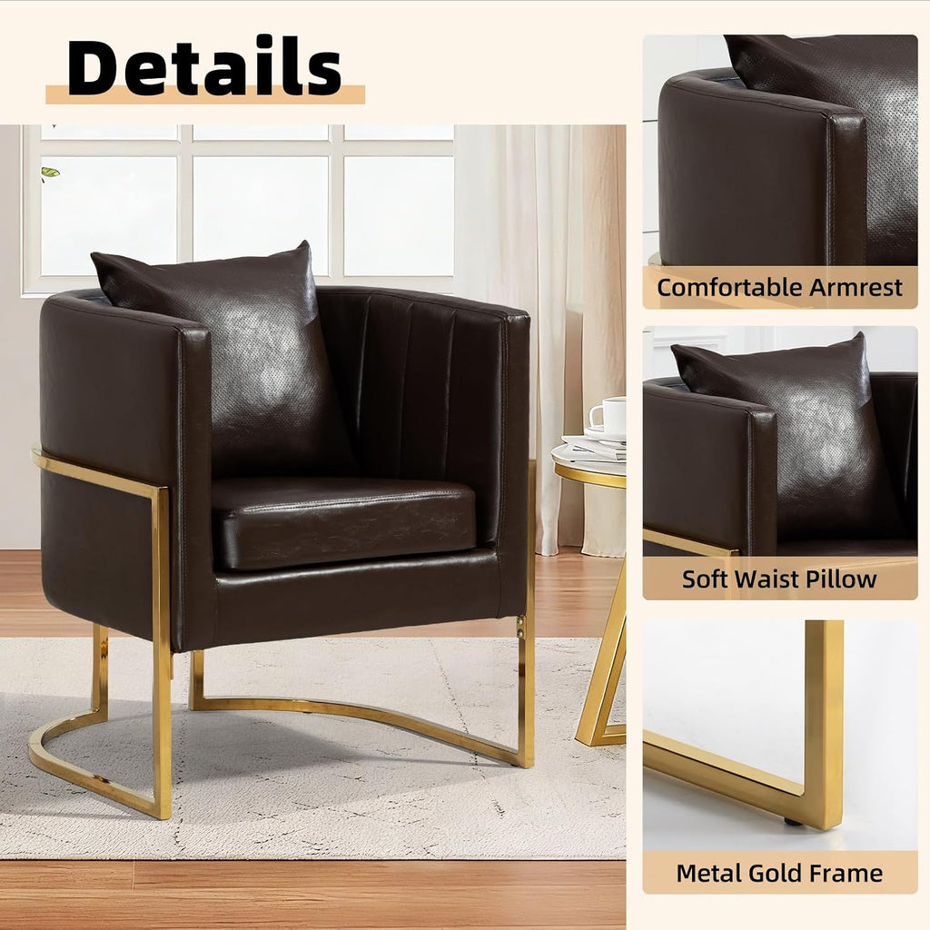 Modern Leather Accent Chair, Mid Century Upholstered Barrel Armchair with Pillow, Comfy Single Vanity Chair