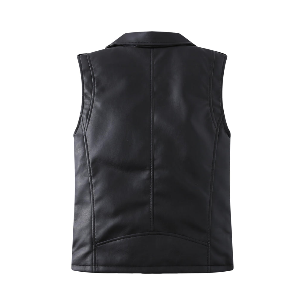 Kids Faux Leather Motorcycle Vest Sleeveless Biker Coat Black