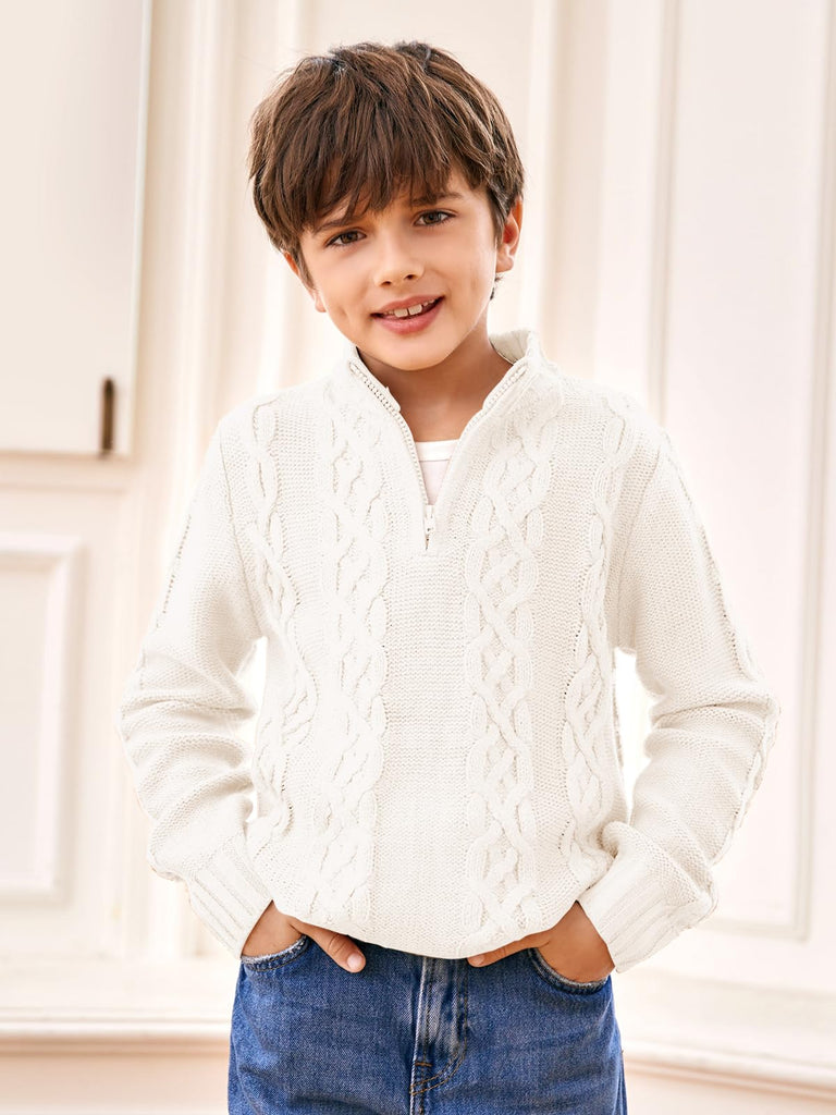 Toddler Boys' Girls' Cable Knit Pullover Sweater Quarter Zipper Long Sleeve Fall Winter Knitwear Outfit White