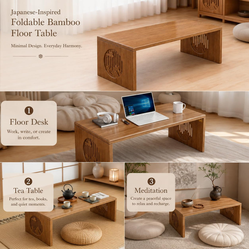 Japanese Folding Floor Table, Low Coffee Table, Bamboo Floor Desk