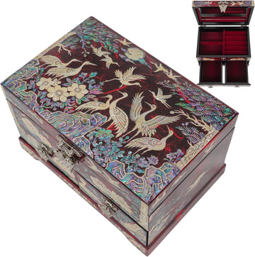 Korean Mother of Pearl Jewelry Box - 2-Drawer Keepsake Box with Mirror, Traditional Oriental Trinket Organizer - Gift