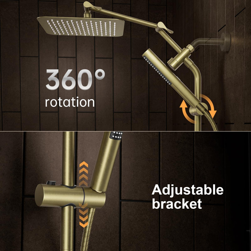 All Metal 10" Luxurious Gold Rain Shower Head with Handheld,Power Jet