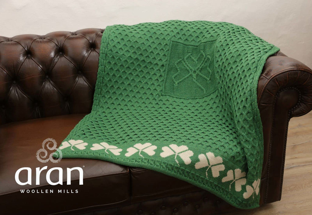 Woollen Mills Irish Shamrock Blanket Cable Knit 100% Couch Throw Made in Ireland (Green)