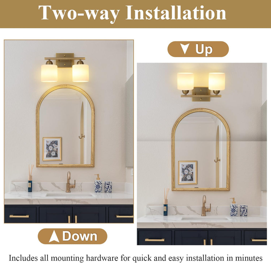 Milk Glass Vanity Lights, 2 Light Antique Matte Brass Bathroom Vanity Light Fixtures Over Mirror, Ceramic E26