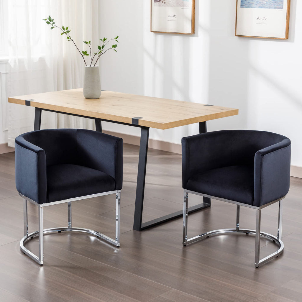 Velvet Dining Chairs Set of 3 Modern Barrel Arm Chairs with Chrome Metal Frame, Upholstered Kitchen Chairs 18.5" Wide