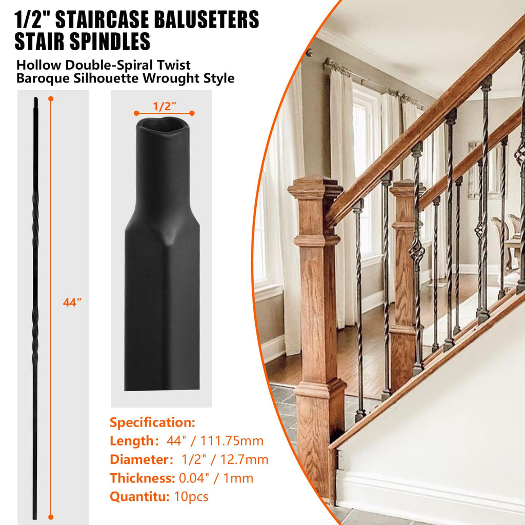 Wrought Iron Balusters (Set of 10), Hollow Double-Spiral Twist Stair Spindles, Decorative Metal Balusters Spindles for