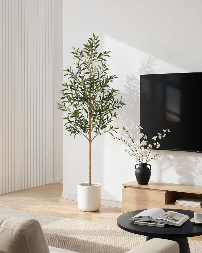 6FT Olive Trees Artificial Indoor, Tall Fake Olive Tree (72in) with Realistic Leaves and Olives, Sturdy Weighted