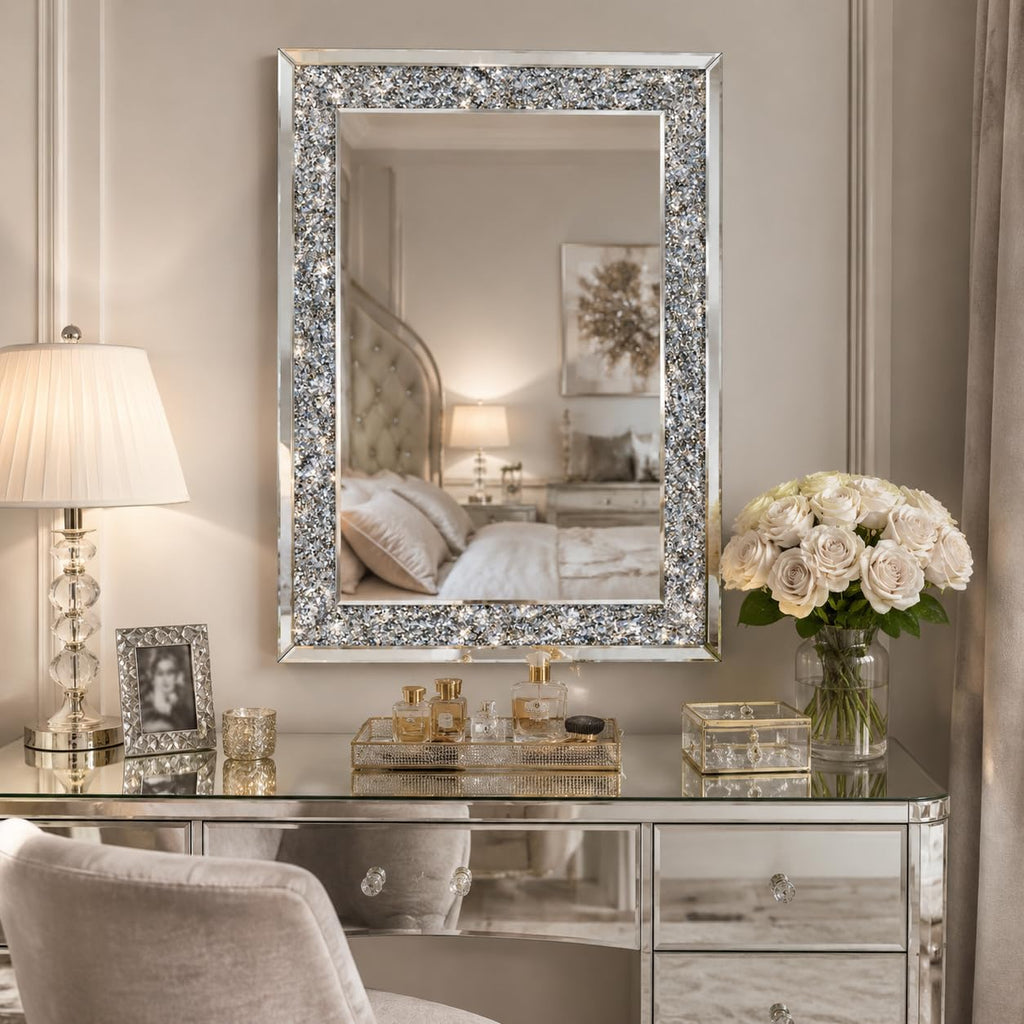 Crushed Diamond Mirrors for Wall Decor, 35.4x23.6 Decorative Mirror Rectangle Hanging Mirrors Large Crystal