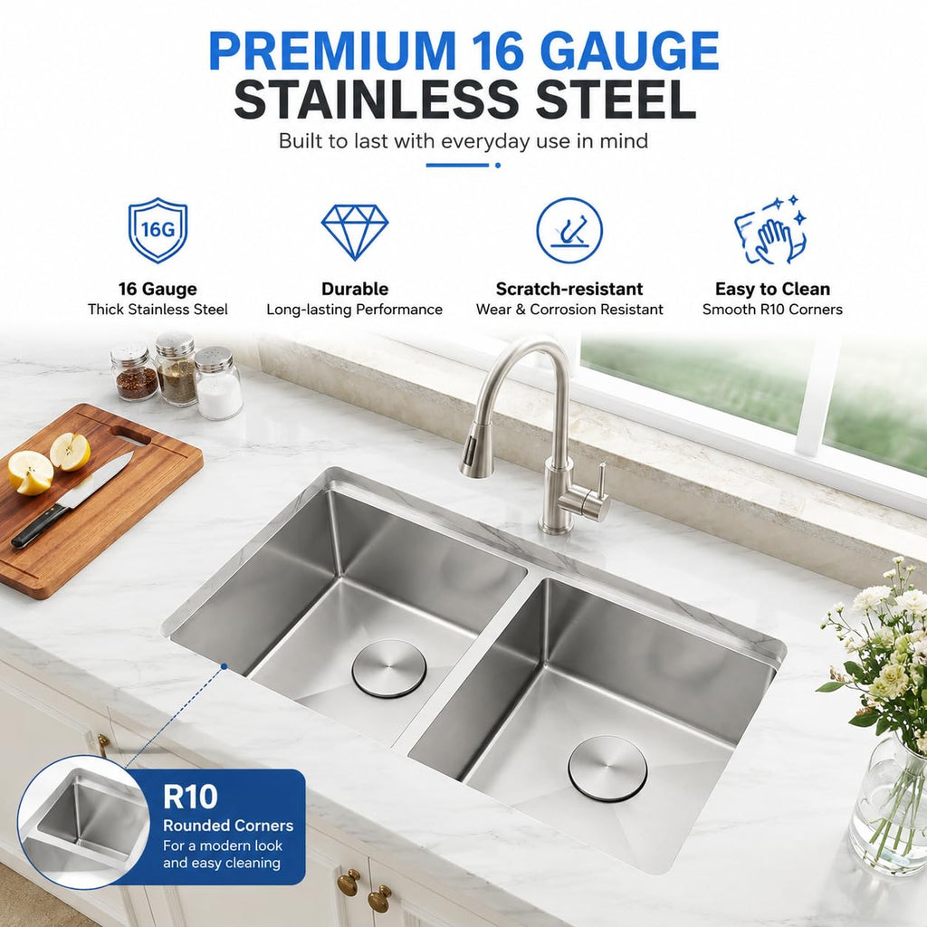 30 Inch Undermount Kitchen Sink Double Bowl, Stainless Steel Workstation