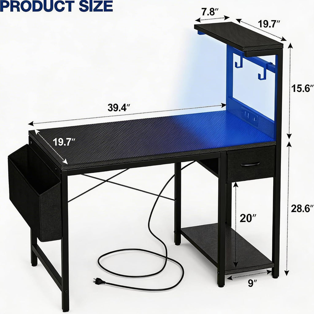 Gaming Desk 40 Inch with Power Outlet and LED Light, Computer Desk with Reversible Shelves and Storage Drawer, Pc