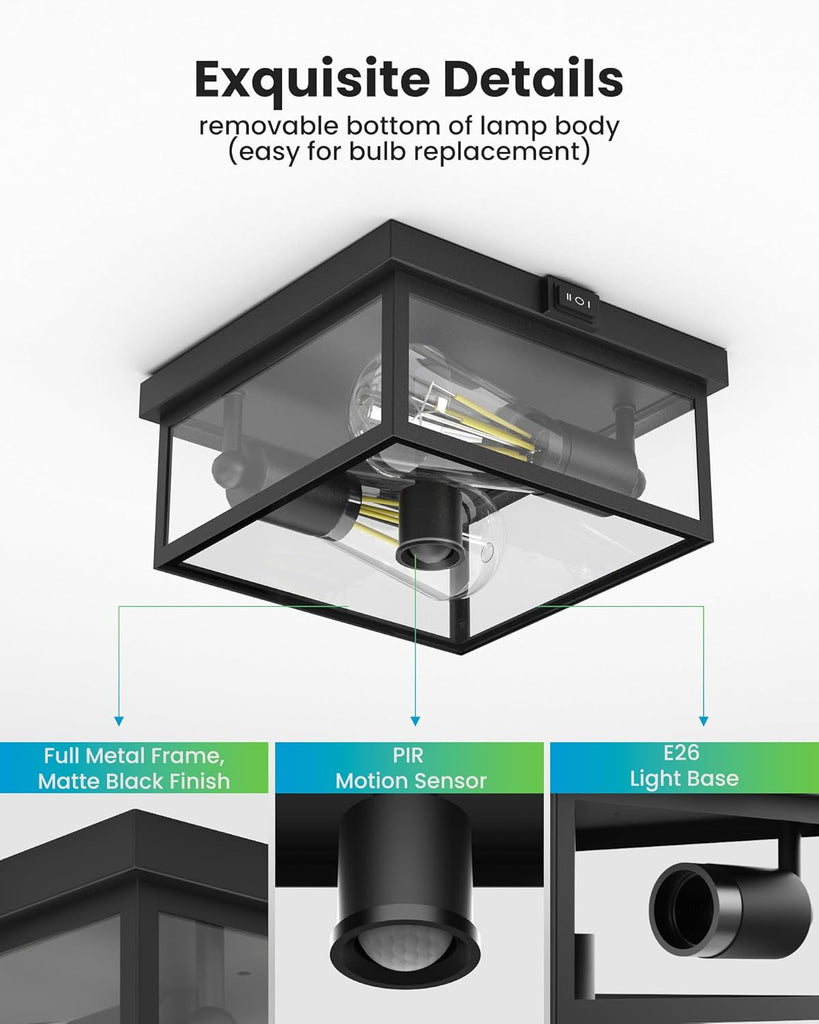 Outdoor Ceiling Light with Motion Sensor, Flush Mount Porch Light, Exterior Light Fixture with Clear Glass