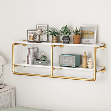 48'' Industrial Pipe Shelving Floating Wall Shelves 2 Tier Gold Shelves Multiple Use