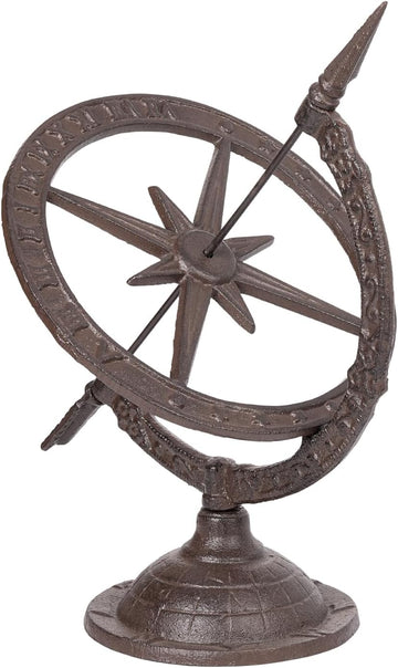 Vintage Cast Iron Armillary Sundial,14.3in Tall & Antique Brown