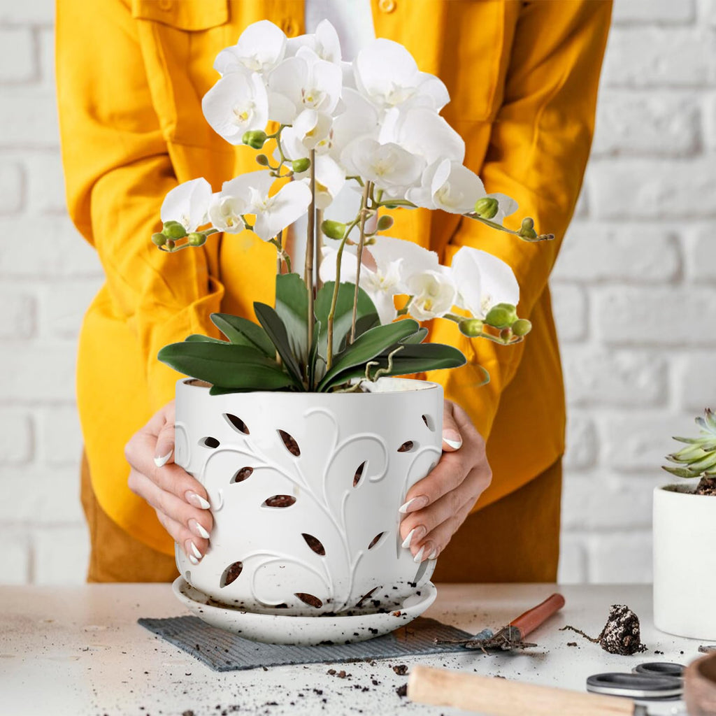 Orchid Pots with Holes, 7 Inch Orchid Pots with Drainage Holes and Tray, Indoor or Outdoor Ceramic Flower Pot for
