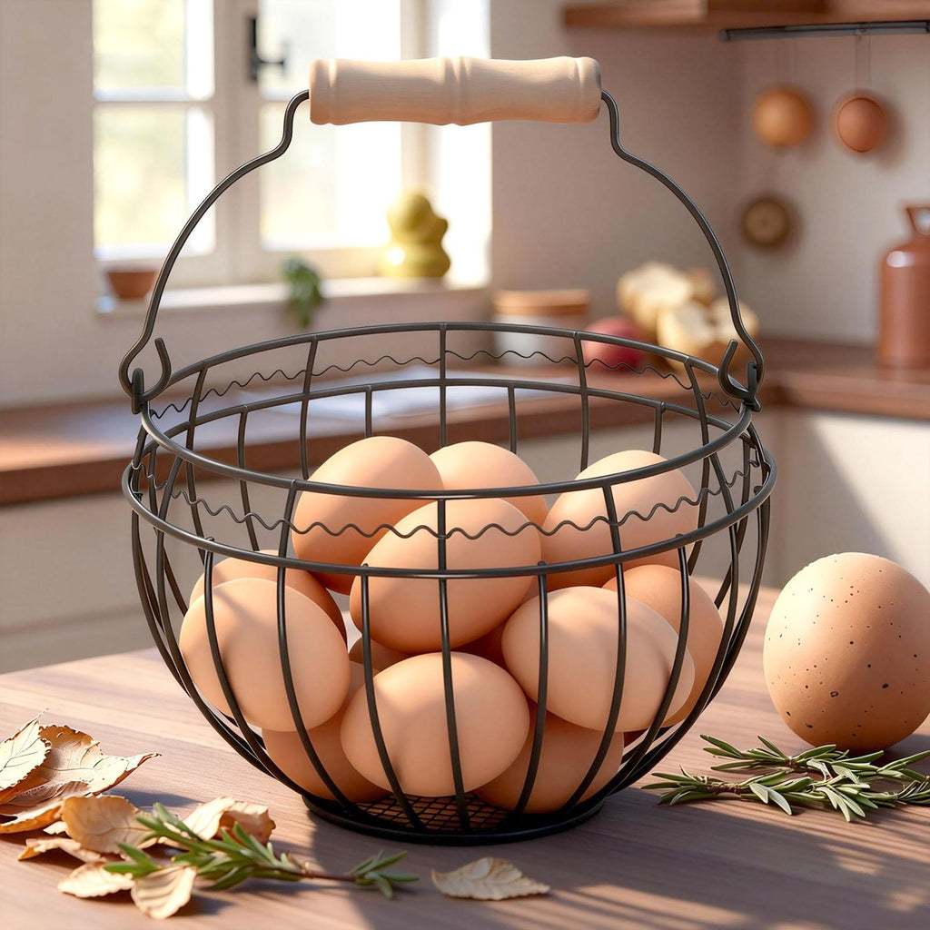 Wire Egg Basket for Gathering Fresh Eggs, Wooden Handle, Small, Holds 24