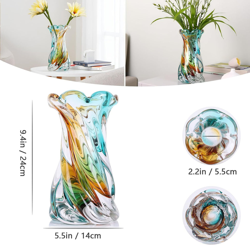 Hand Blown Art Glass Sculpture Vase,Heavy Large Opening Swirl/Tear Drop Shape,Murano Style Glass Flower Vase