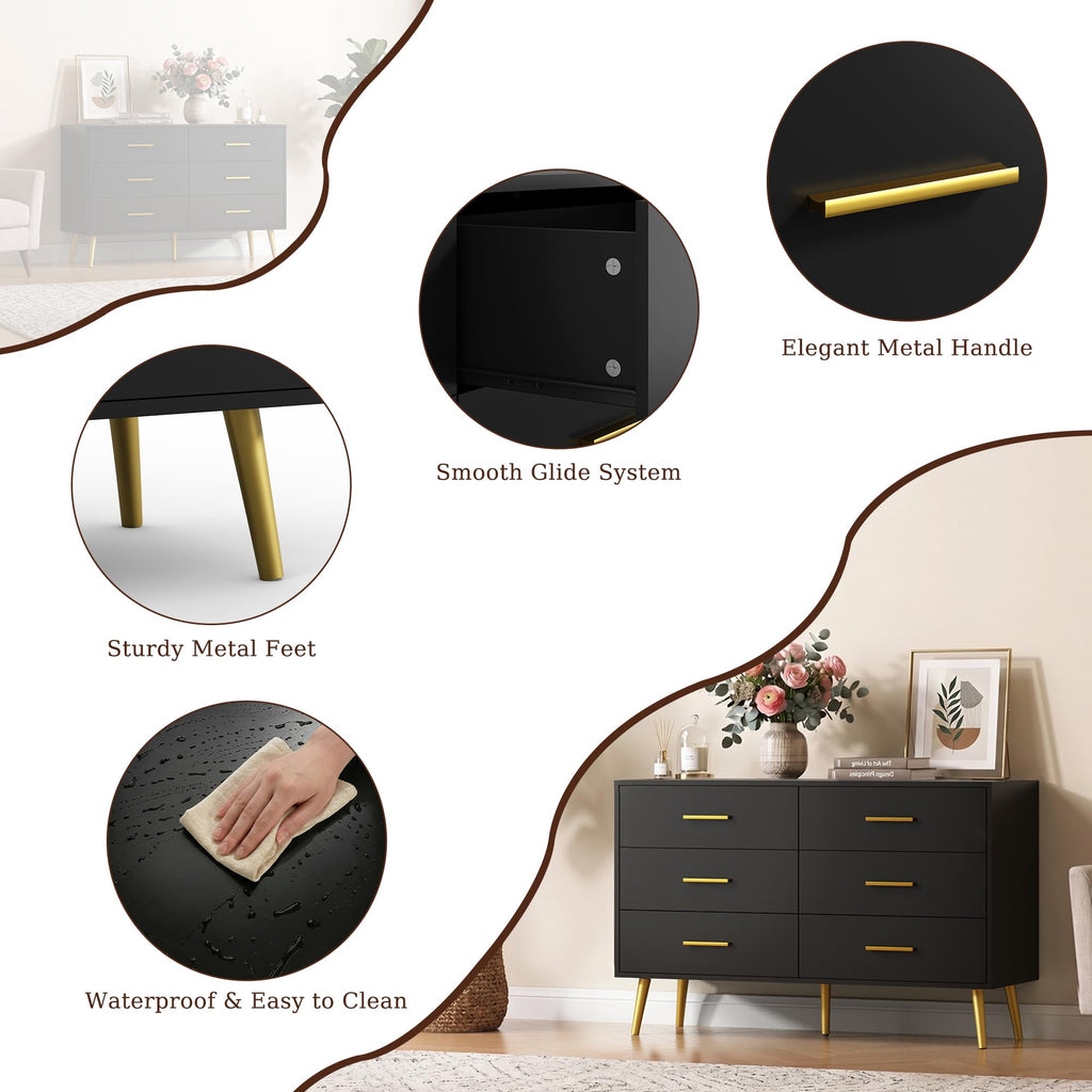 Black 6 Drawer Dresser, 47" Wood Dresser with Gold Handles