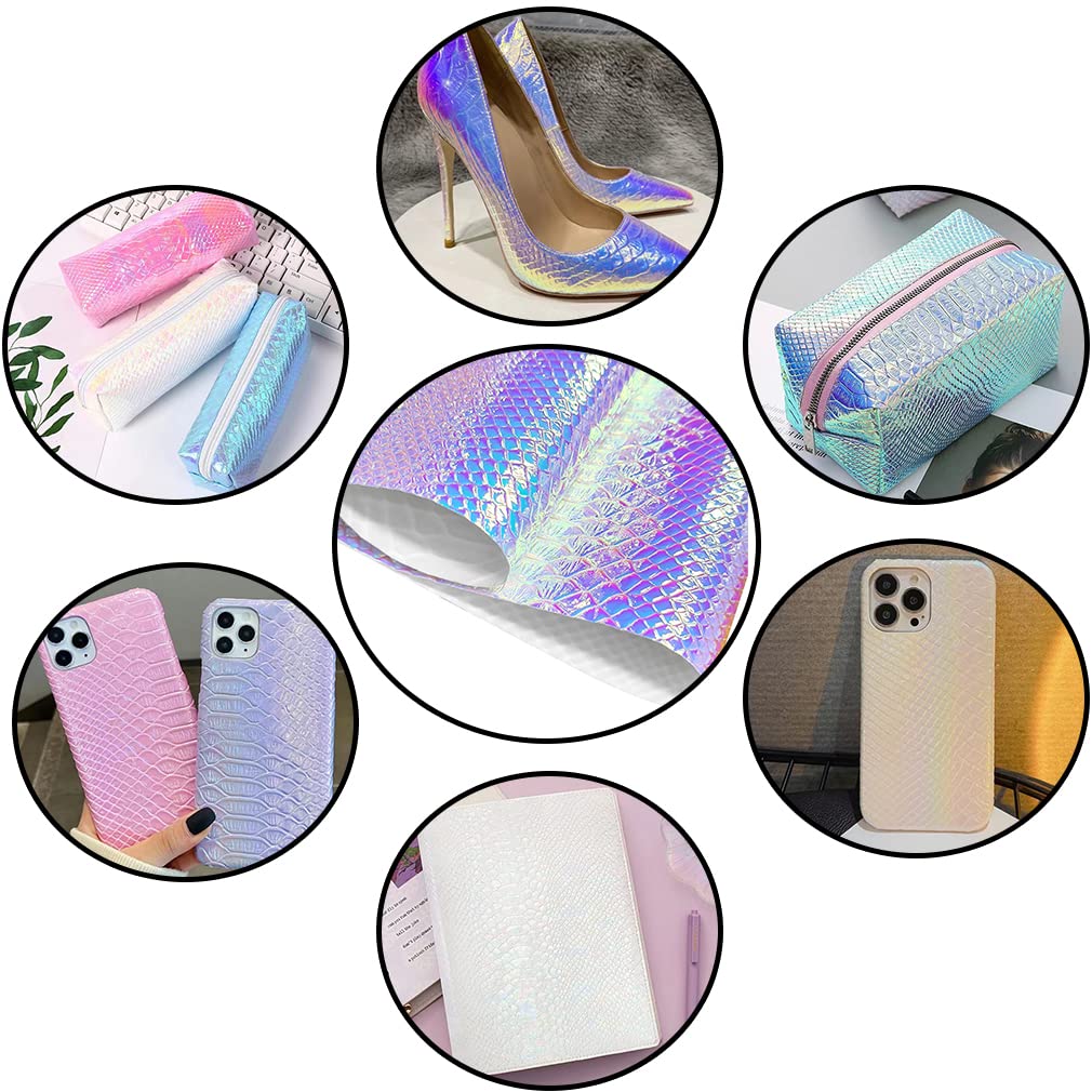 30x135cm Holographic Crocodile Skin Vinyl, Iridescent White Alligator Faux Leather, Embossed Metallic Craft Fabric