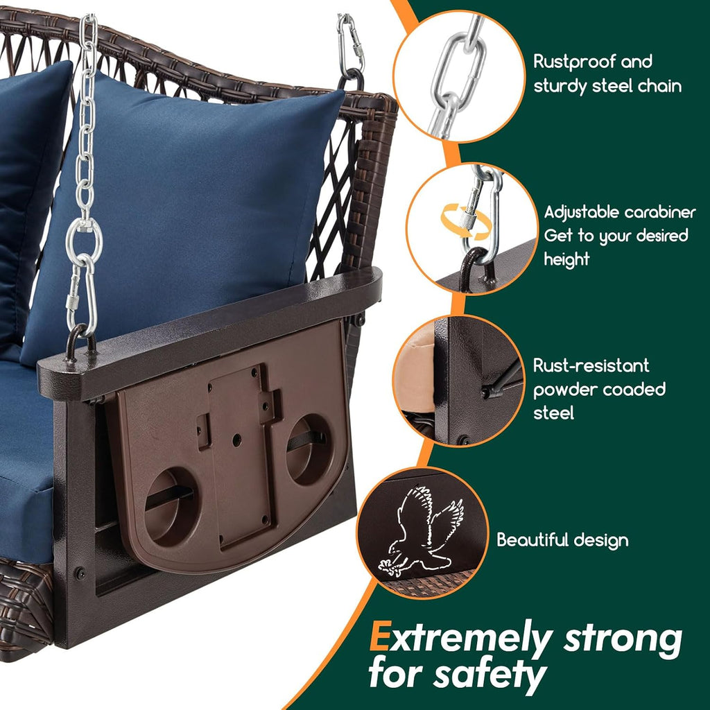 Upgraded Wicker Hanging Porch Swing Heavy Duty 900 LBS 3-Seat Outdoor Patio Swing Chair Bench for Adult w/ 8.9ft