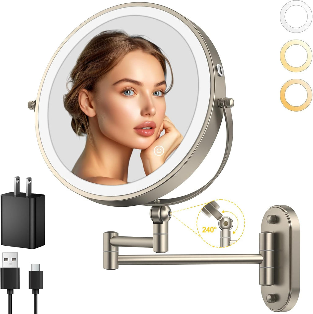 9" Wall Mounted Lighted Makeup Mirror,4000mAh Rechargeable Double Sided 1X/10X Magnifying Mirror with Light,3 Color