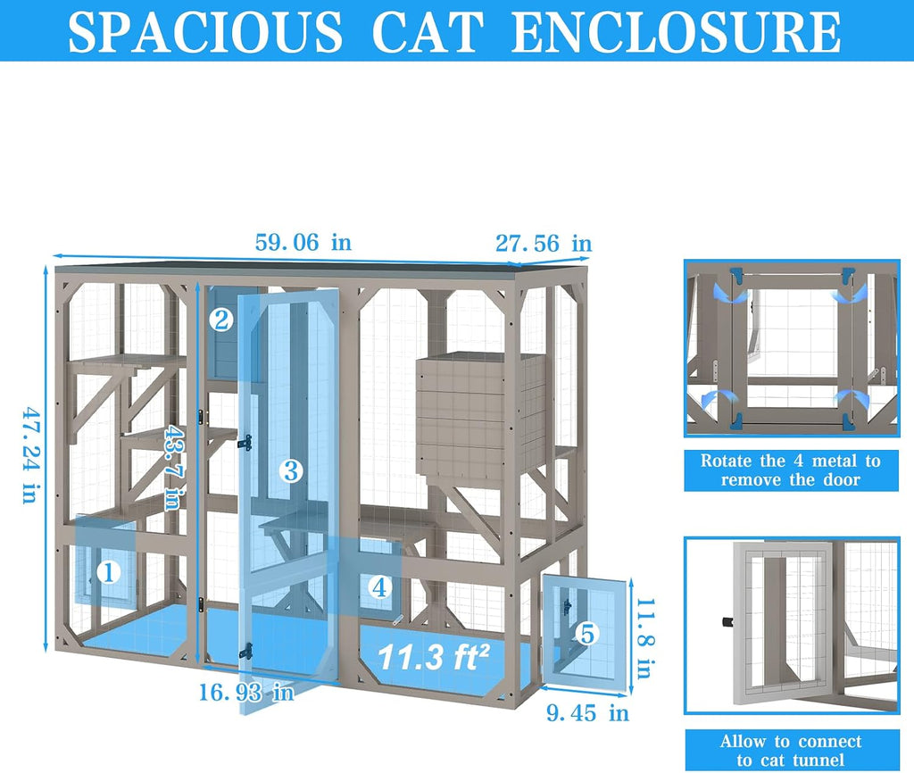 59.06" L Large Catio Outdoor Cat Enclosure, Wooden Window Cat House with 3 Jumping Platforms & Resting Room for Feral