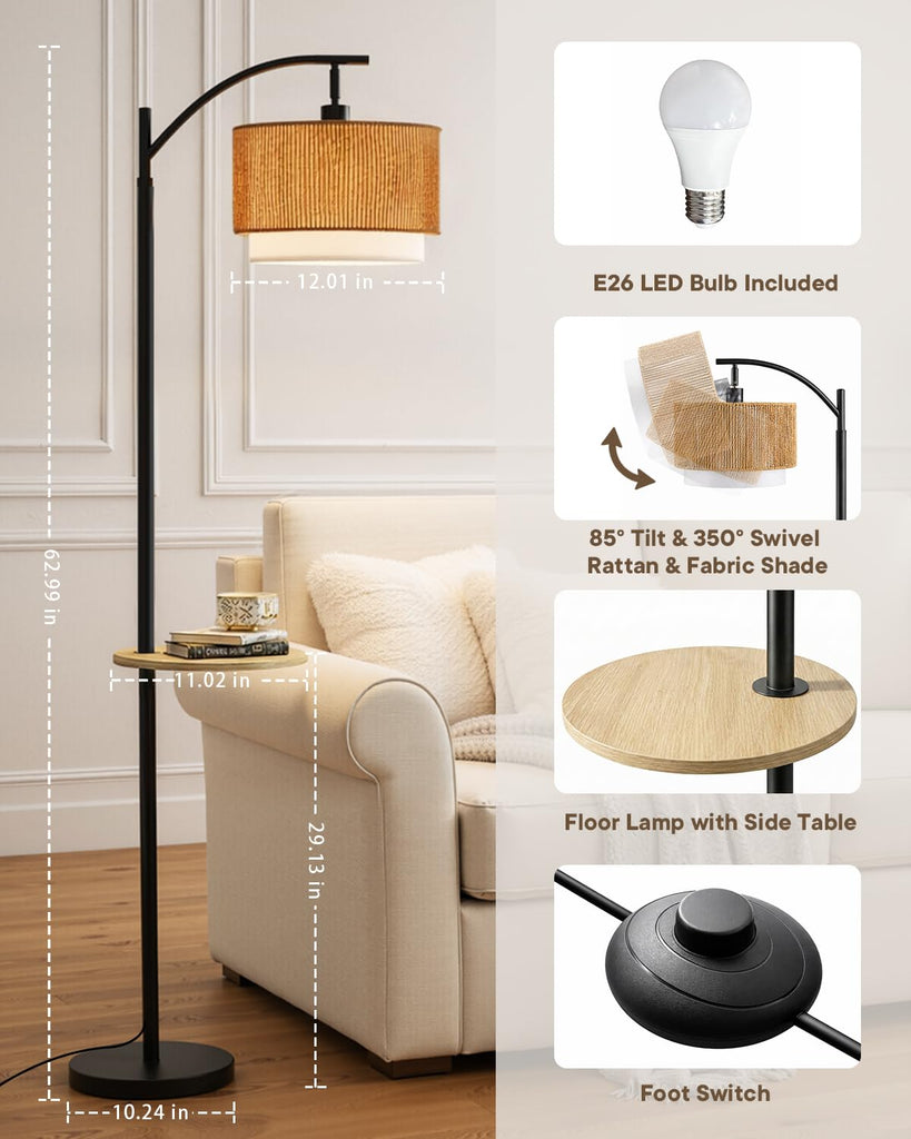Rattan Floor Lamp, Farmhouse Arc Standing Lamp