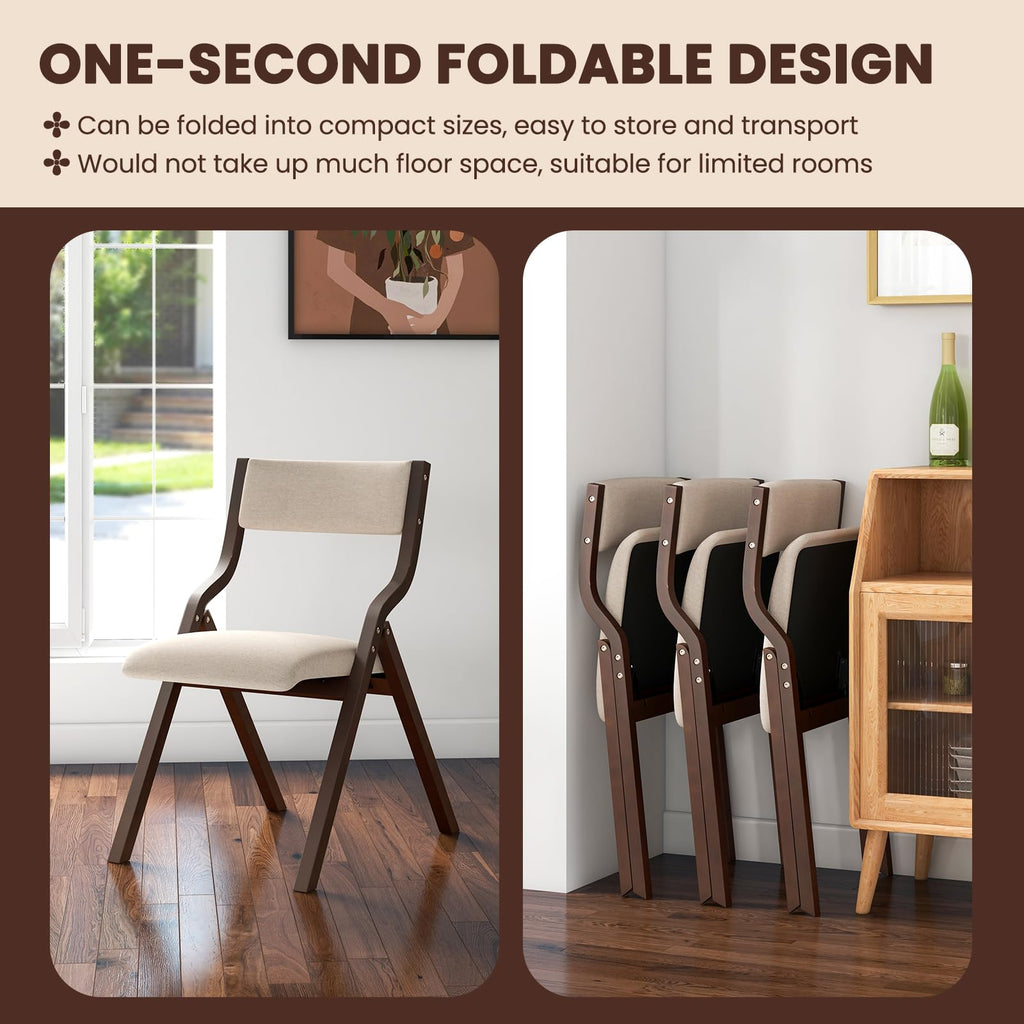 Folding Dining Chairs Set of 4, No Assembly Folding Chairs w/Linen Padded Seats, Wood Foldable Kitchen Chairs, Easy