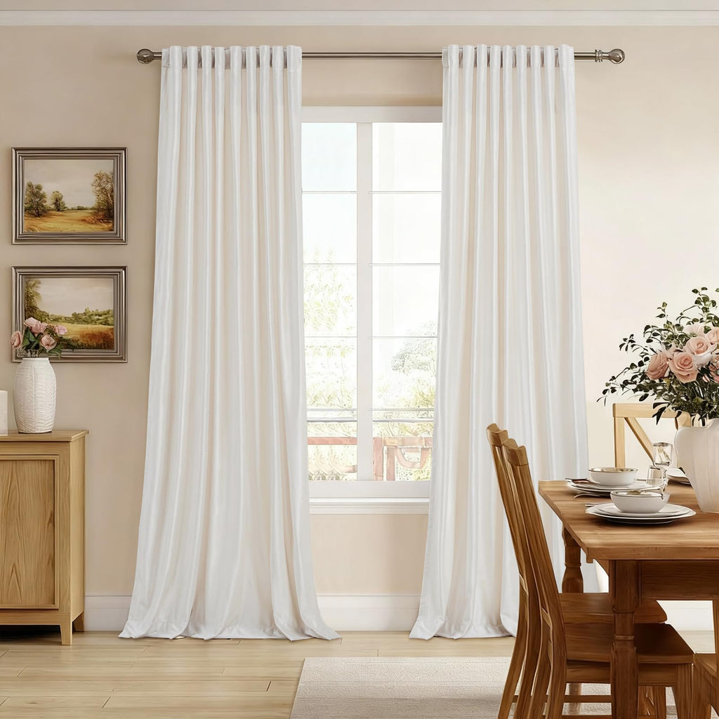 100% Blackout Ivory Off White polyester Velvet Curtains 96 inch Long, Set of 2 Panels Liner Rod Pocket Back Tab